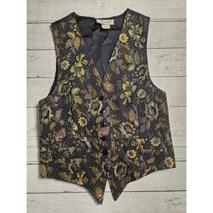 Danielle B Vintage Floral Tapestry Vest Metallic Gold Brocade‎ Black Small USA